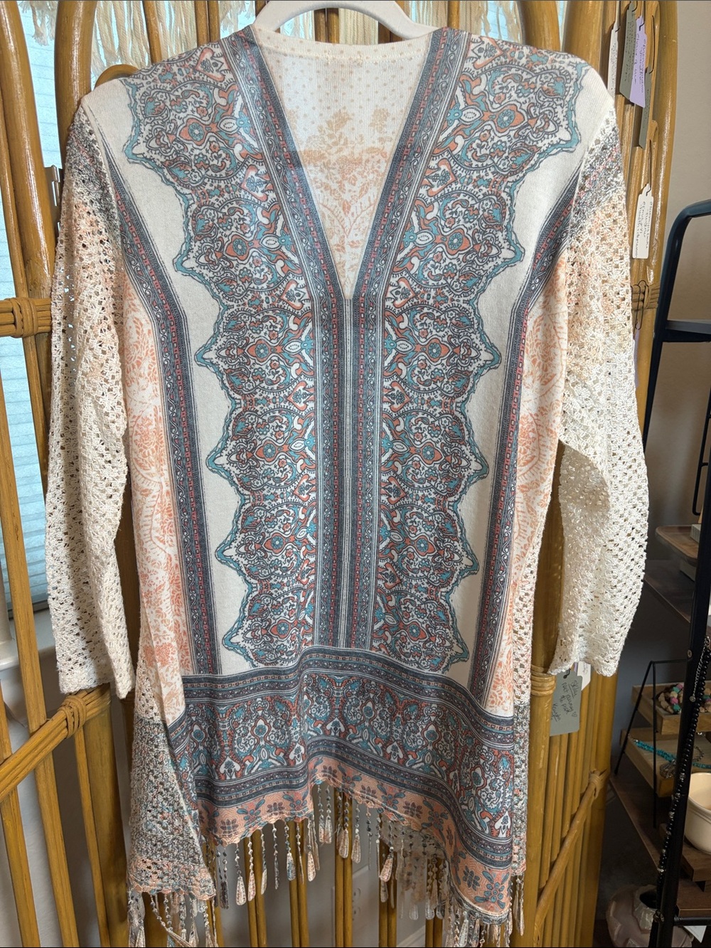 Reba Cream Open-Front Crochet Cardigan with Pastel Accents